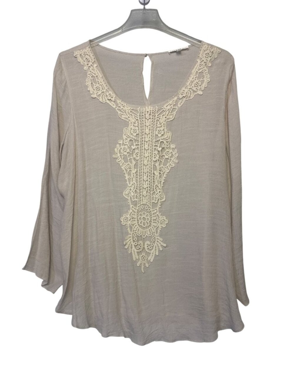 Spense Woman Blouse Beige Lace Accent Long Sleeve Plus Size 2X Rayon Polyester P